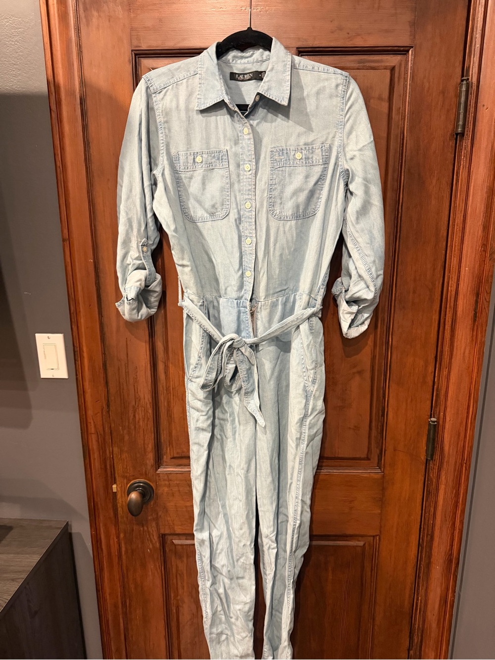 Ralph Lauren Light Blue Denim Jumpsuit - Casual Button-Front with tie waist